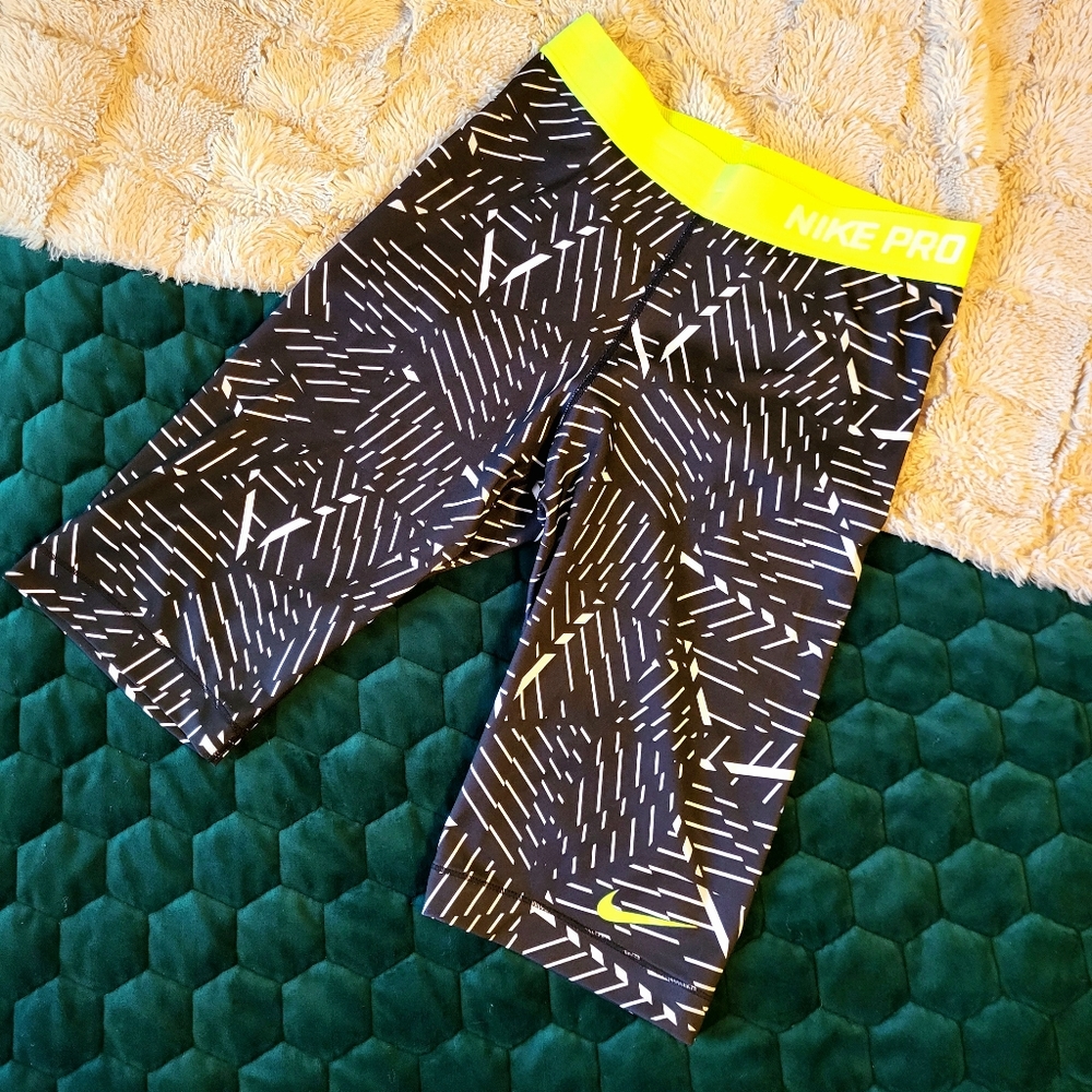 Nike Pro Black Leggings with Neon Yellow Waistband and White Dash Pattern
